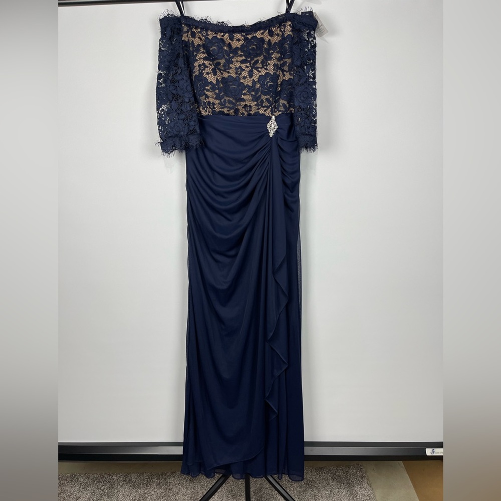 BETSY & ADAM Womens Blue Short Sleeve Maxi Sheath Evening Dress Size 14